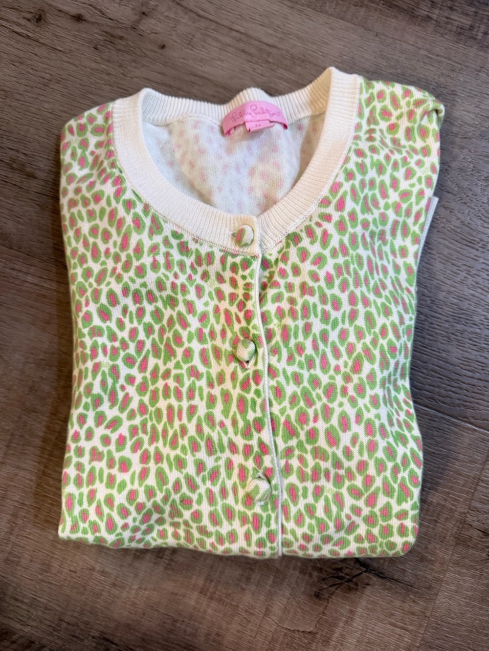 Lilly Pulitzer Leopard Spotted Sweater Cardigan Cropped 3/4 Sleeves Size Medium - Picture 12 of 14